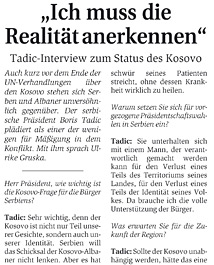 „Ich muss die Realität anerkennen“ / Interview mit dem serbischen Präsidenten Boris Tadić 
zum Status des Kosovo